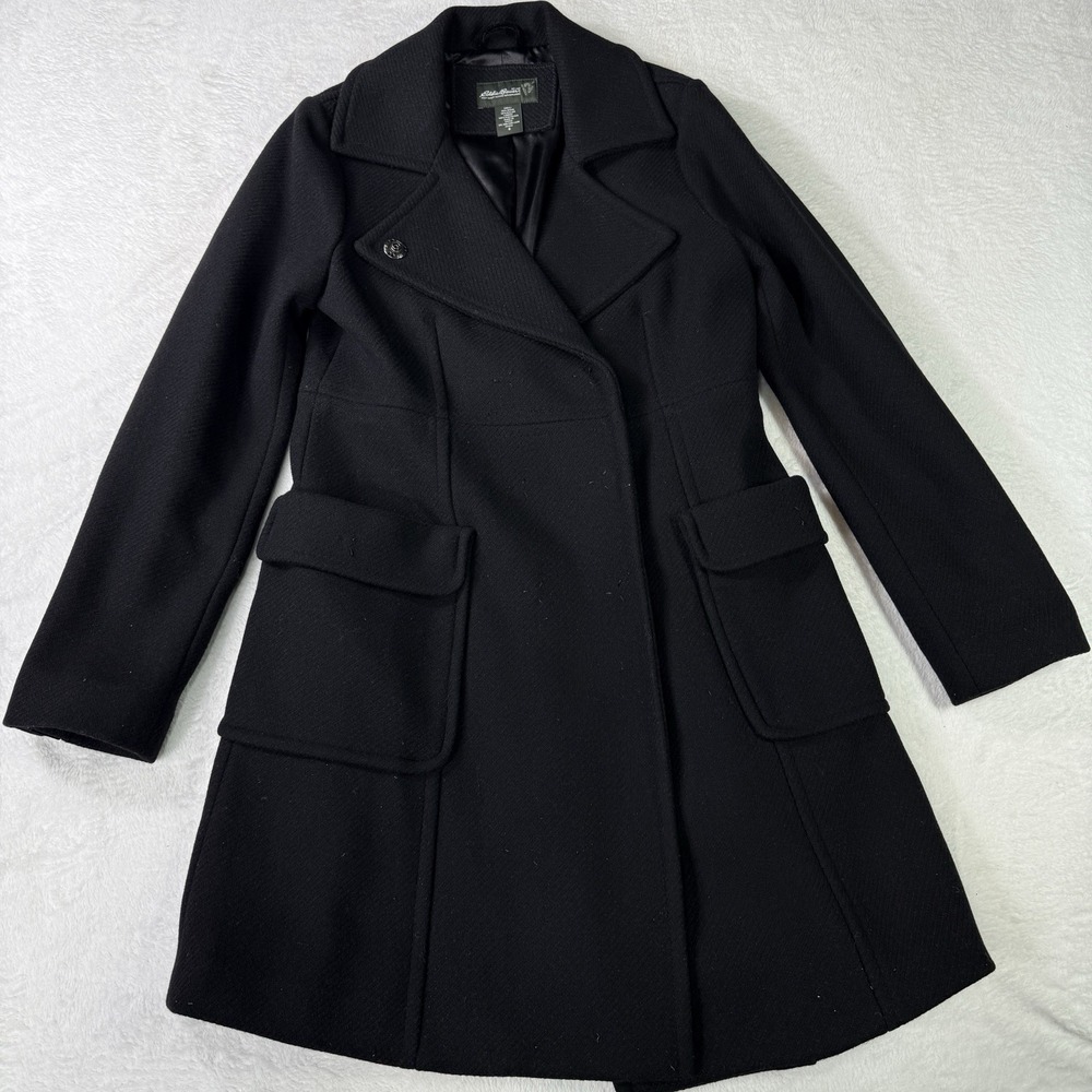 Eddie Bauer Coat Wool Blend Womens Petite Small Black Minimalist Overcoat